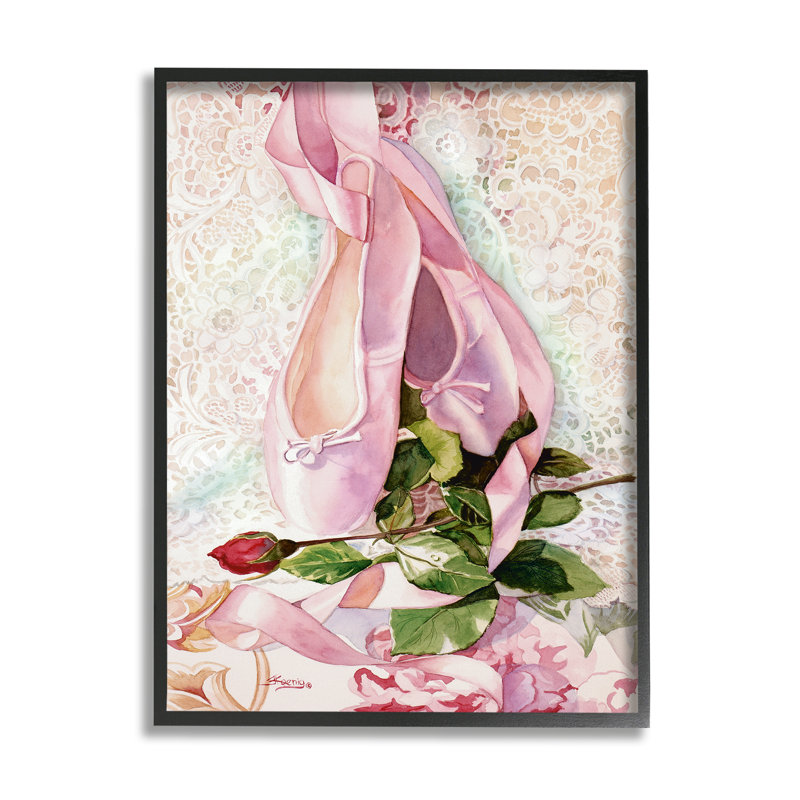 «Ballet Dance Shoes Lace» par Judy Koenig, impression sur bois avec cadre flottant, Giclée encadrée noir minuit