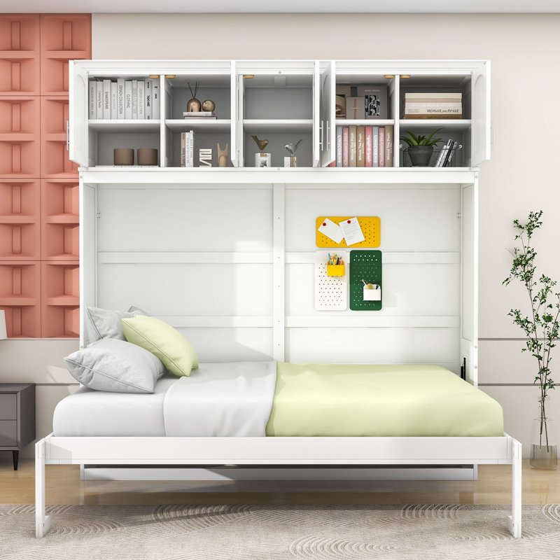 Ludgero Wooden Murphy Bed Wall Bed with Cabinets, White, Queen