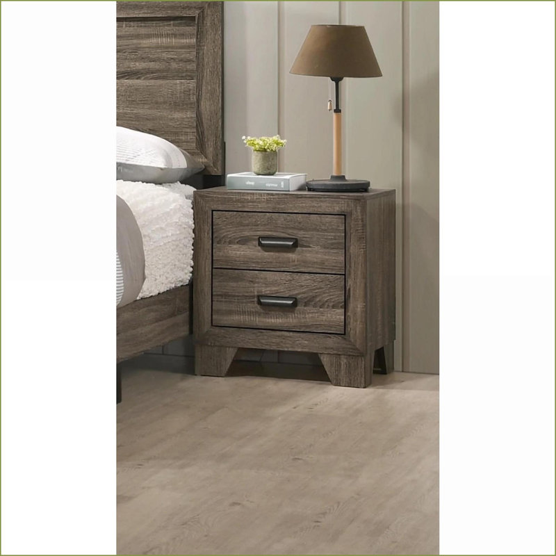 Transitional 2-Drawer Rustic Grey Nightstand with Metal Hardware