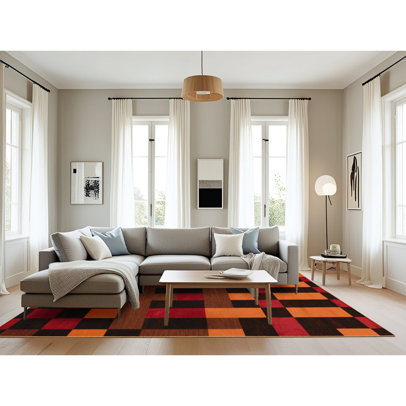 Machine Washable Checkered Brown Area Rug, Rectangle 8' x 10'
