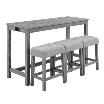 Bar Table Set With Power Outlet, Bar Table And Chairs Set, 4 Piece Dining Table Set, Industrial Breakfast Table Set, For Living Room, Dining Room, Game Room