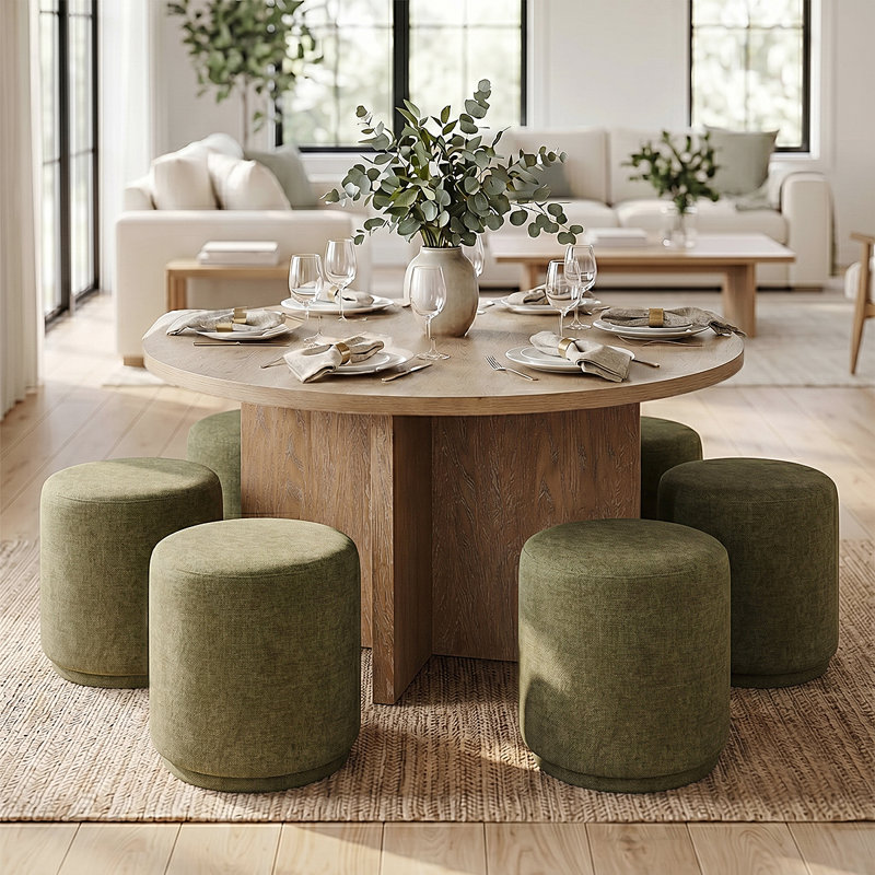 Ensemble de salle à manger 7 pièces avec 6 tabourets rembourrés, Naturel, Vert