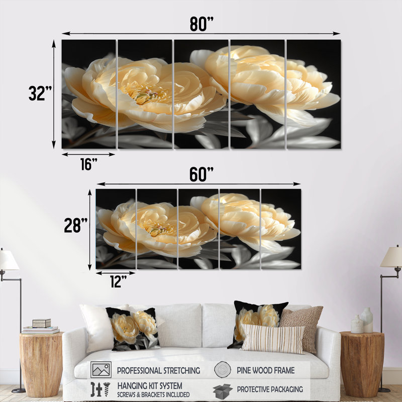 Ensemble de salon art mural Saltz - pivoines, H 32 po x l 80 po