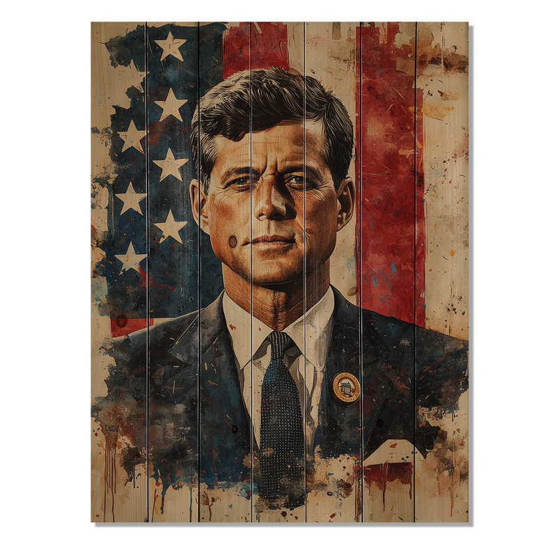 Jok President On The Usa Flag I - Usa Wood Wall Decor - On Natural Pine Wood, 20" H x 10" W x 0.78" D