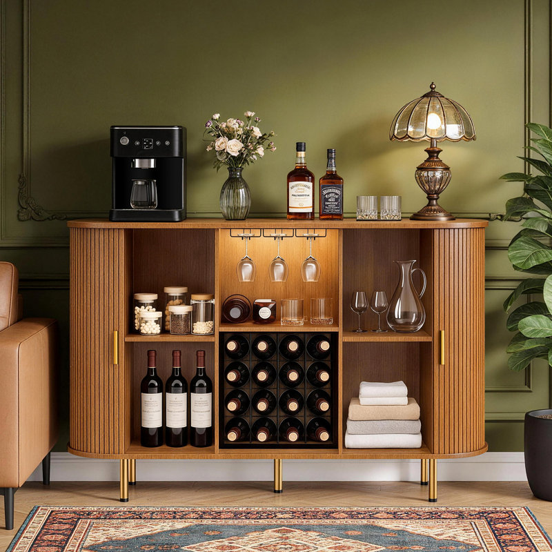 55" Mid-Century Modern Wine Bar Cabinet with LED Lights, Wine Rack & Glass Holder, Yellow Walnut