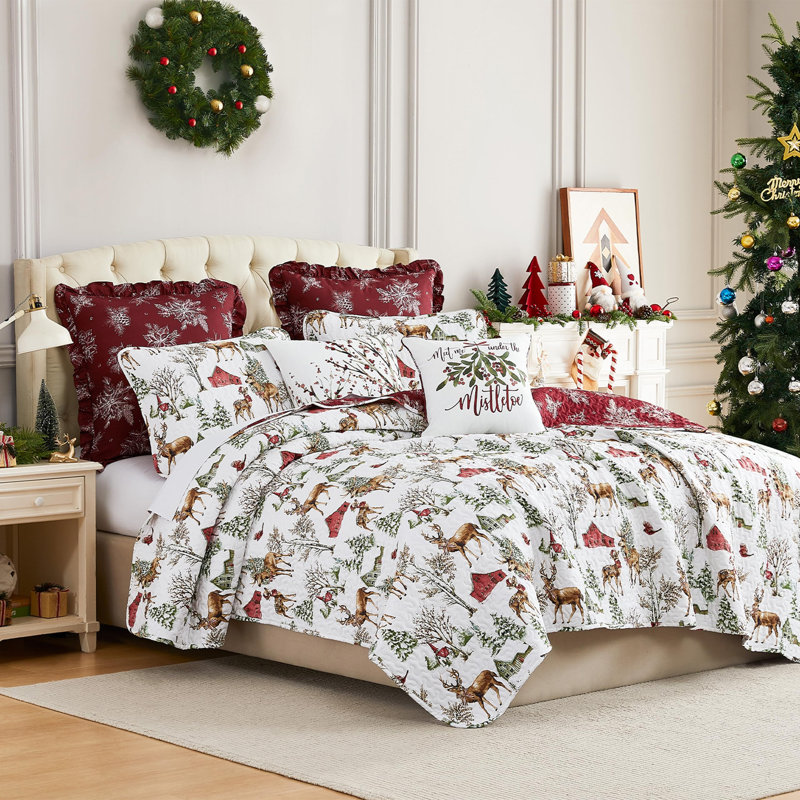 Ensemble de literie réversible Southshore Fine Linens White Christmas, 7 pièces, comprenant 1 courtepointe, 2 taies d'oreiller king, 2 taies d'oreiller carrées, 1 coussin décoratif et 1 housse de coussin, taille king/california king