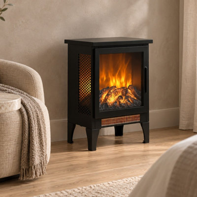 Chaufferette de foyer électrique 18 po autoportante, effet de flamme 3D à 3 côtés, 1400W / 700W deux réglages de chaleur, métal noir avec côtés grillagés, pieds amovibles