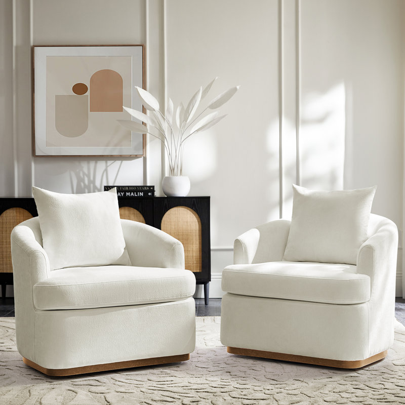 Berklie 31"W Modern Chenille Swivel Barrel Chair with Unique Arms and Solid Wood Legs Set of 2, Ivory