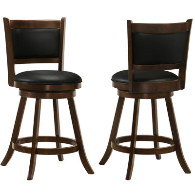 Chestnut & Black Swivel Stools (2 Units). Seat And Back For Comfort. Upholstered In . Suits Kitchen Islands Tables Of 2 Wooden With Function, Comfortable , Covering, 19.77" W X 17.5" D 37.5" H