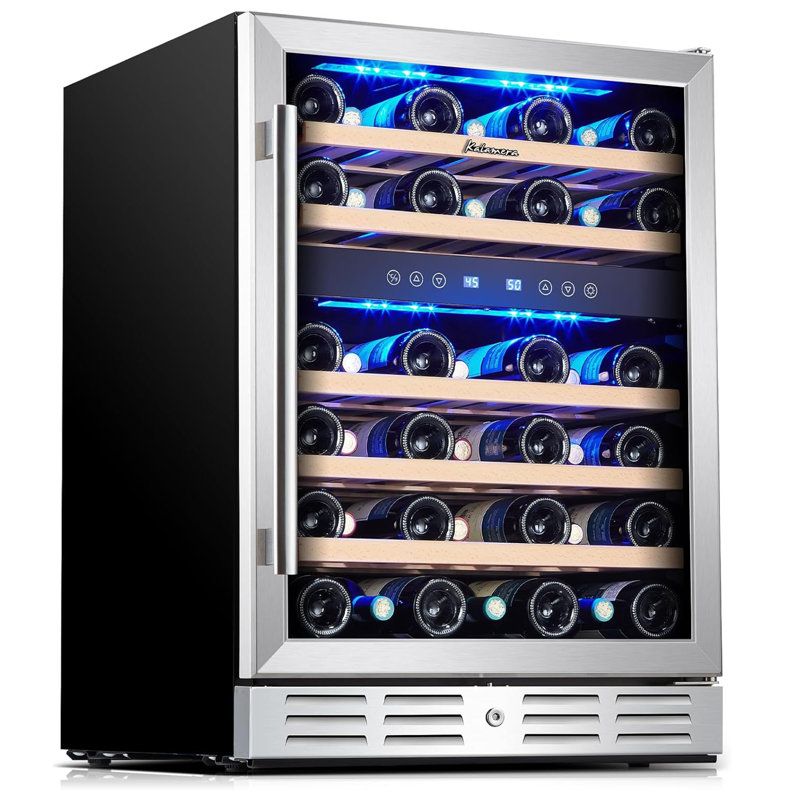 Réfrigérateur à vin à deux zones de 23,4 po Kalamera, refroidisseur à vin encastré autoportant avec contrôle tactile, porte en verre trempé et supports en bois détachables, mini-réfrigérateur compact pour bar de cuisine
