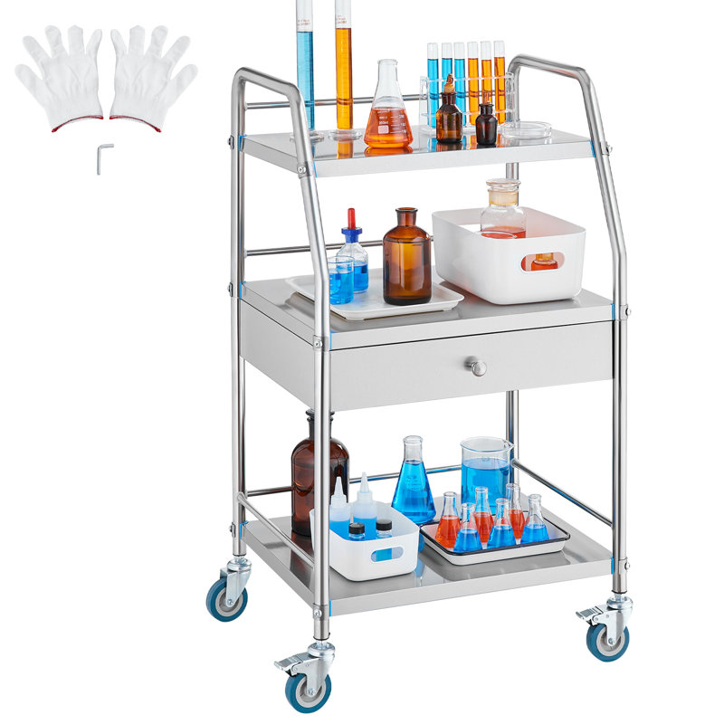 Silver Stainless Steel 3-Tier Mobile Lab Cart with Drawer