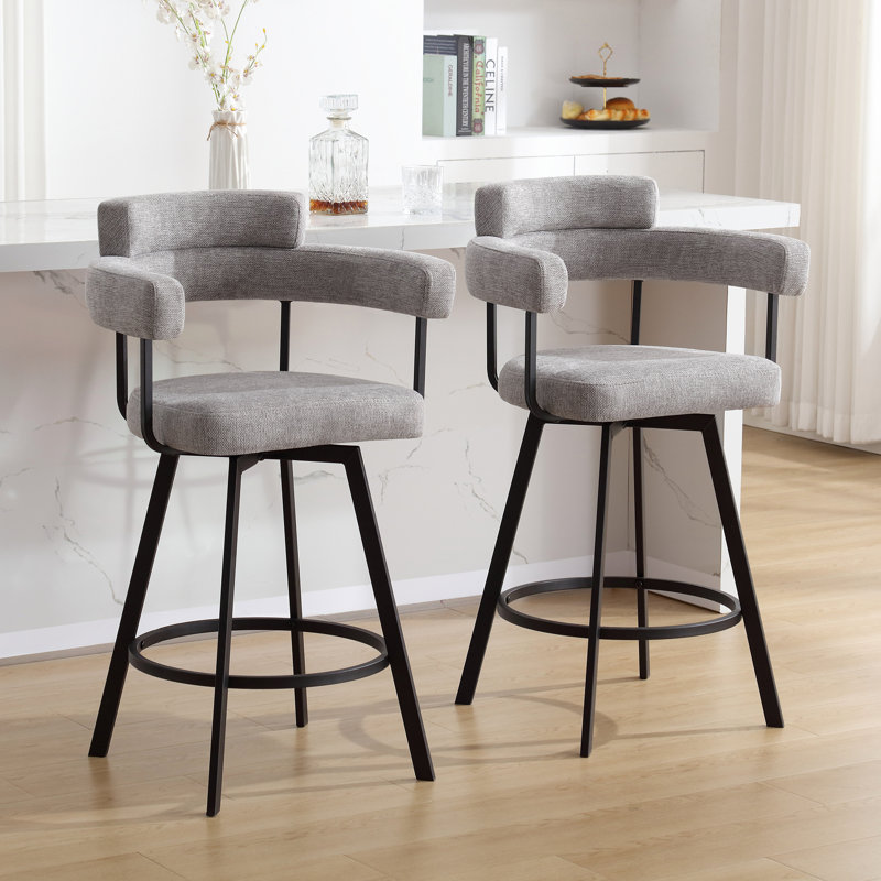 Tabouret de comptoir pivotant en lin 26 po avec dossier incurvé et structure en métal Rabassa, Gris