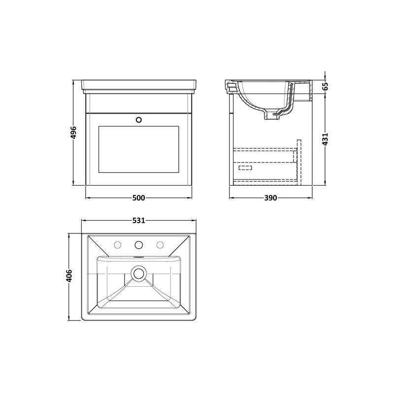 Classique 500mm Wall Mounted Single Bathroom Vanity with Vitreous China Vanity Top, Satin White