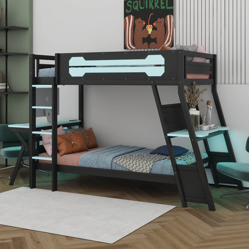 Twin Size Bunk Bed With 2 Built-In Desks, Wood Bunk Frame With USB Desktop Ports & Pegboard Organizer For Teens Adults, Twin