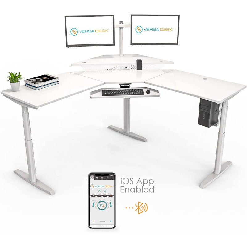 PowerLift® L-Shaped Height Adjustable Standing Desk Workstation with USB Ports and Outlets, Black, Natural