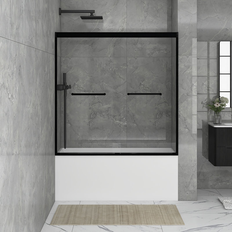56 To 60 In. W X 60 In. H Sliding Framed Tub Door In Matte Black Finish With Clear Tempered Glass, Matte Black