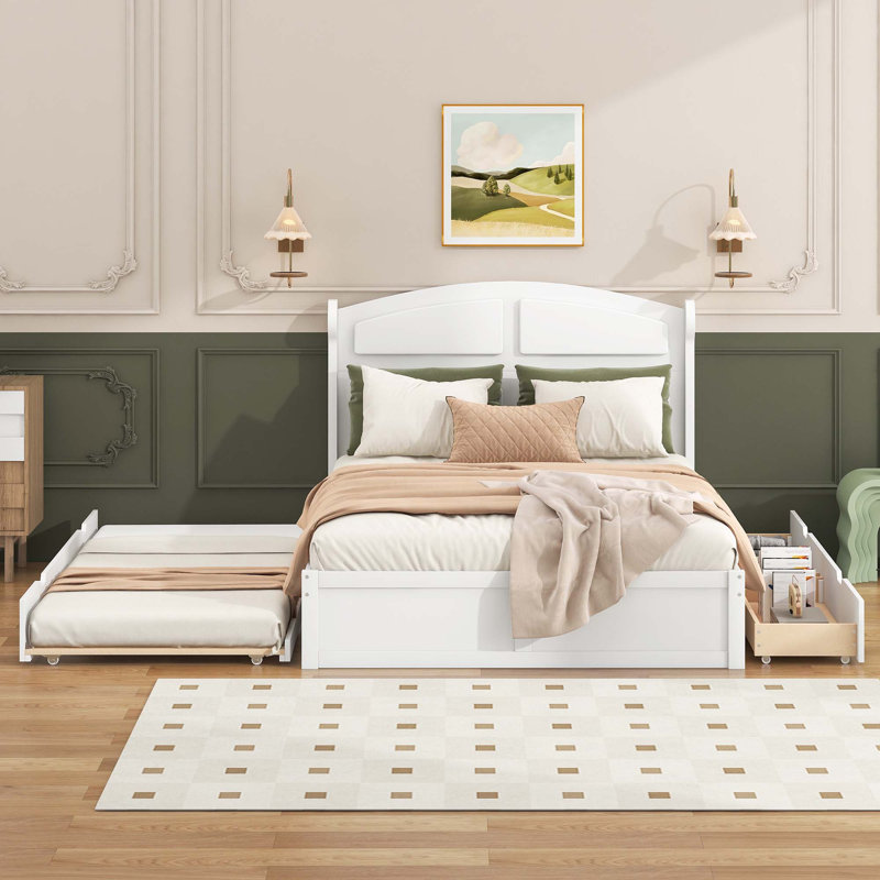Lit plateforme en bois avec lit gigogne et 2 tiroirs, Simple, Vert