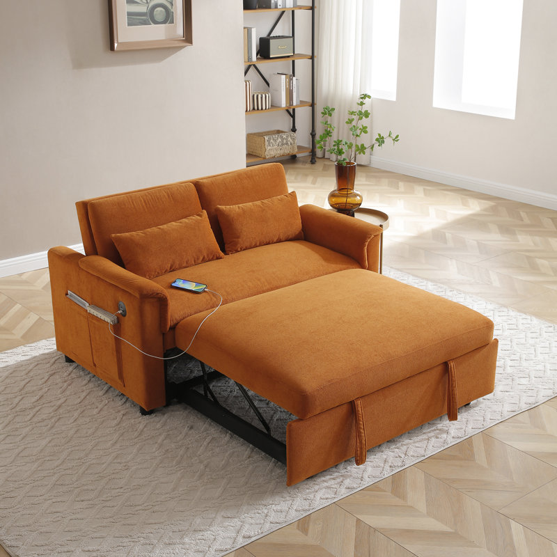 Canapé-lit convertible deux places avec dossier réglable, ports USB, poches latérales et coussins de taille pour un salon confortable
