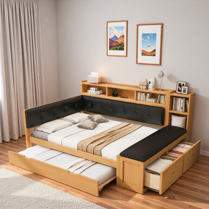 Comfortable Daybed With Trundle, Storage Shelves, Bench, Charging Station And Upholstered Headboard, Natural/Black
