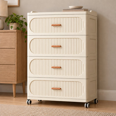 Tour de rangement pliable à tiroirs, chariot de rangement en plastique à 4 niveaux avec portes et roulettes, rangements empilables, bacs en plastique pour la maison, la chambre, le bureau, la résidence étudiante, couleur crème