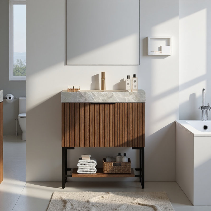 36" Modern Single Bathroom Vanities With Sink, Grey Sintered Stone Table Top, Brown Wood Bathroom Cabinets, 30"