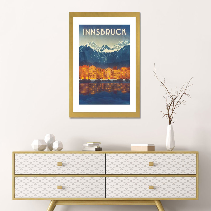 Impression d’art graphique « Austria-Innsbruck » par Missy Ames, H 24 po x l 16 po x P 1 po, Papier encadré doré, Blanc