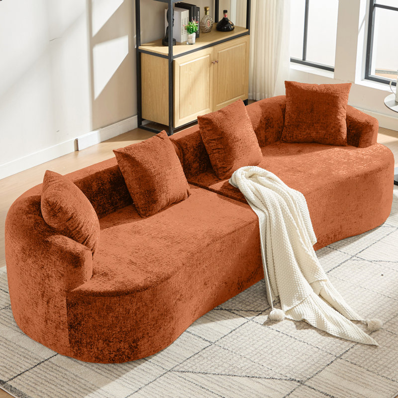 Chenille courbée orange avec 3 coussins, siège profond confortable pour les petits espaces, sans assemblage, chenille en mousse viscoélastique, appartement, repos