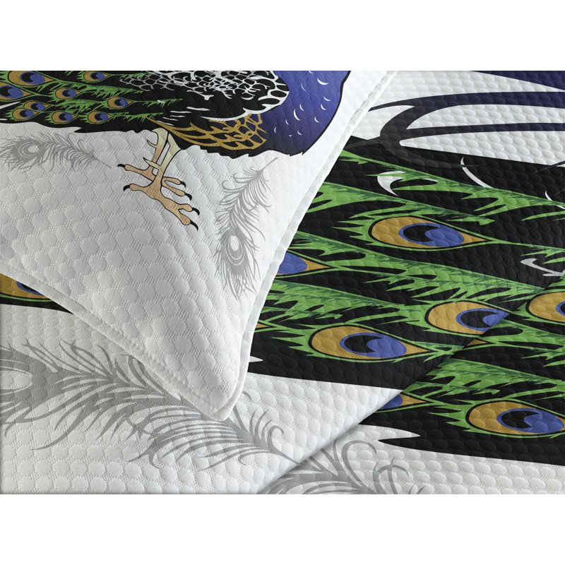 Ambesonne Spring Bedspread Set Wild Peacock Feather Multicolor, King Coverlet / Bedspread + 2 Standard Shams