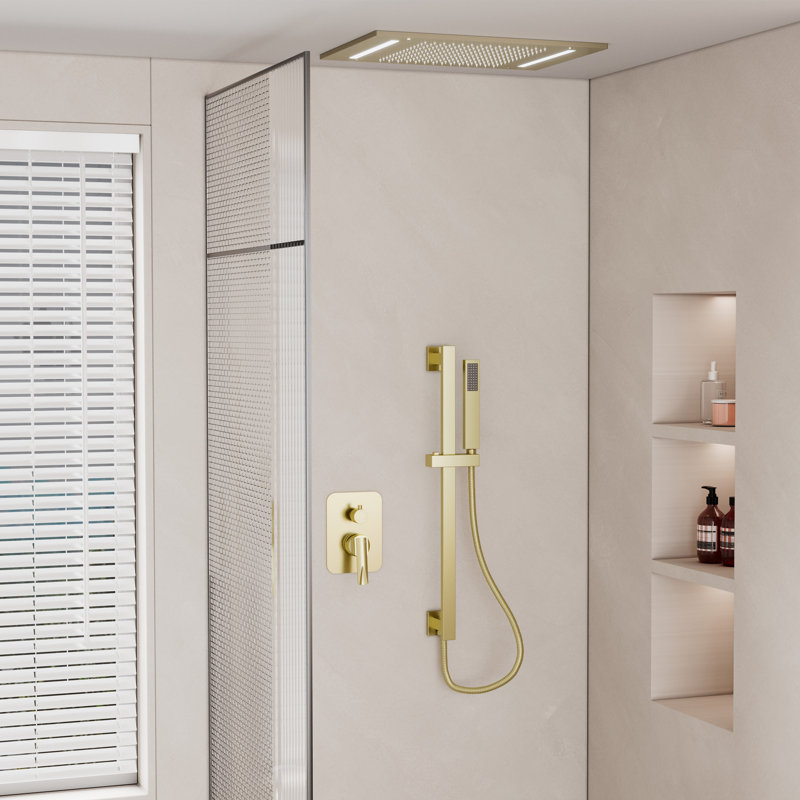 Camino 20"X14" Flush-Mount Rainfall Complete Shower System with Silde Bar and 64 Colors LED, Brushed Gold