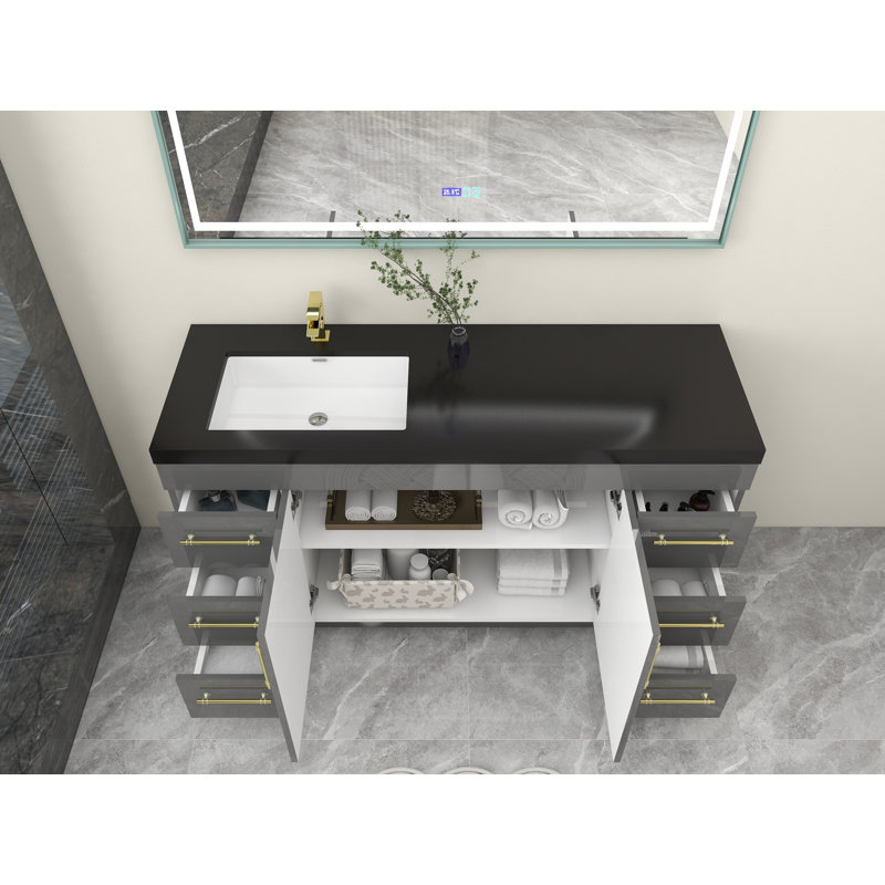 Ensemble de meuble-lavabo simple 60 po Campea, Gris à haute brillance, Or mat