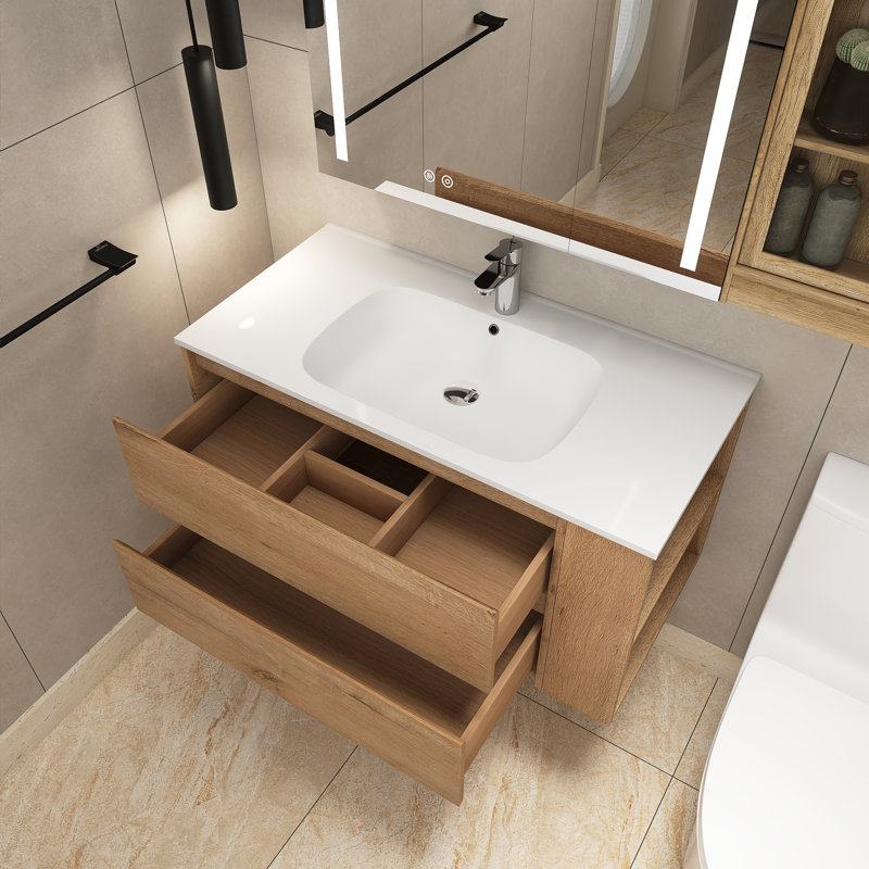 Etolin 35.9 " W Wall Mounted Wall Mounted Single Double Single Vanity Bathroom Vanity With Ceramic Top, Light Brown