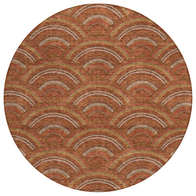 8' Orange Gold Round Geometric Washable Indoor Outdoor Area Rug