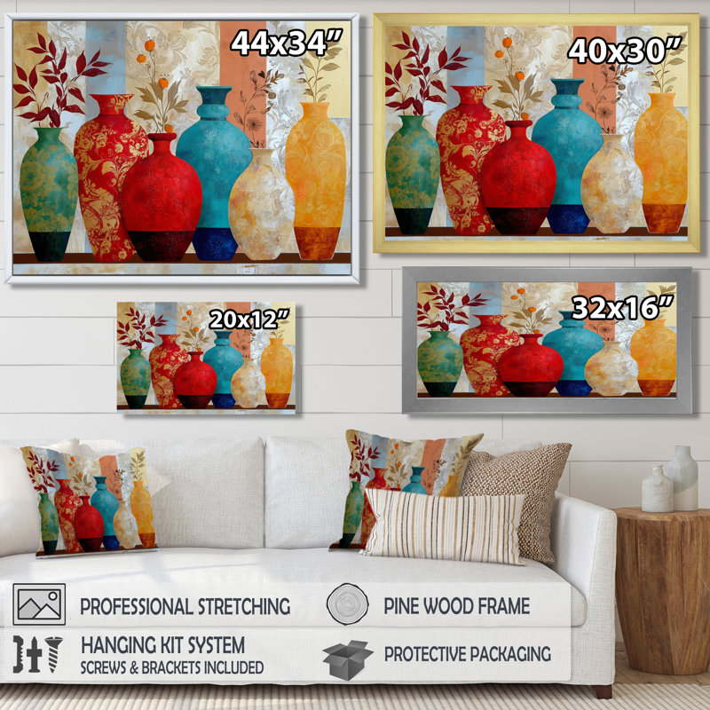 «Boho Plants Moroccan Vases - Morocco Pottery», reproduction d'art sur toile rouge, H 24 po x l 32 po, Cadre photo unique