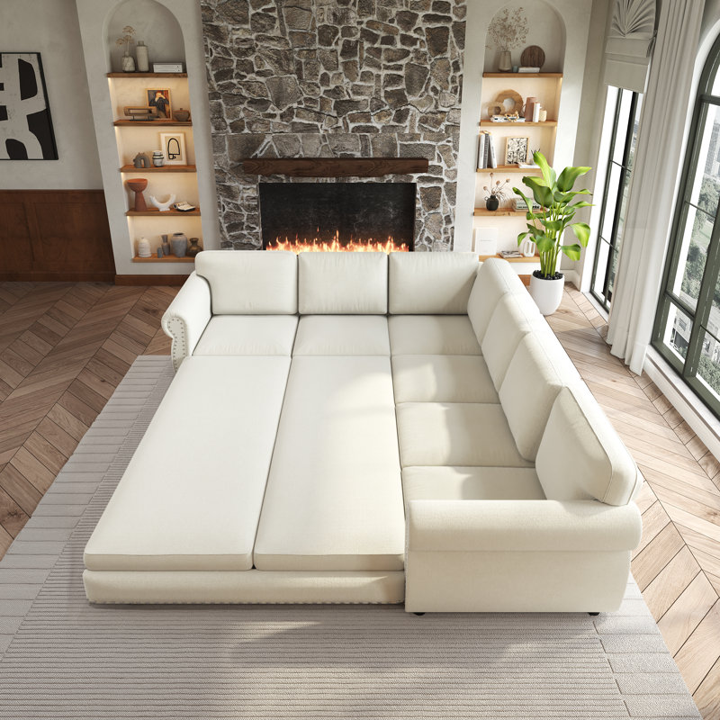 118" L-Shaped Sofa Couch With Pull-Out Bed,Oversize Convertible Sleeper Sofa, Beige, Beige