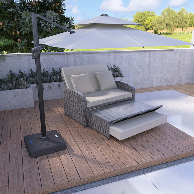 Chaise longue double en osier gris avec coussins en rotin, Coussin beige / structure gris clair