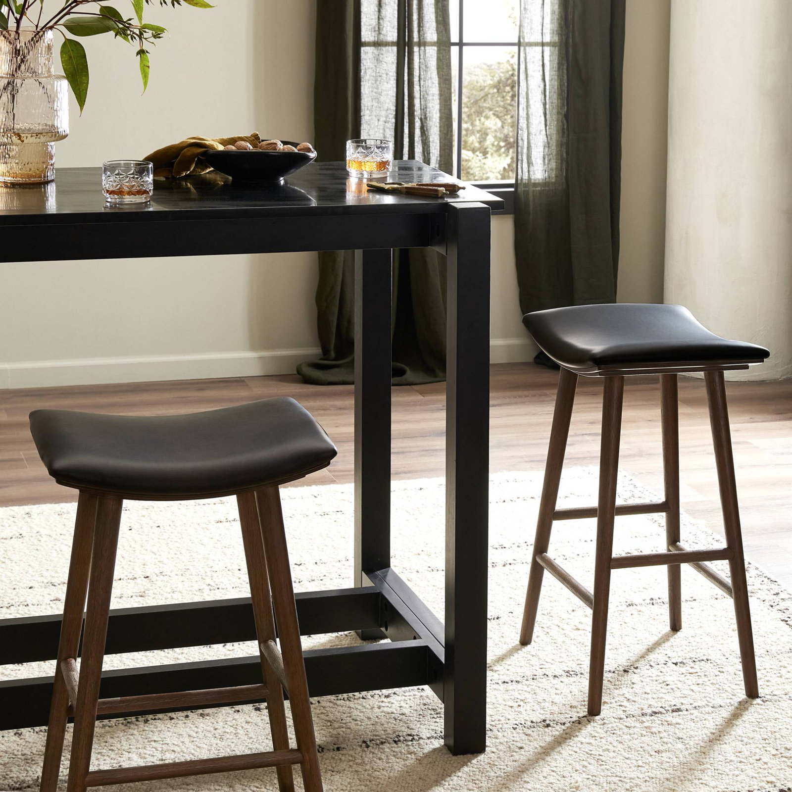 Schaeffer 30" Bar Stool, Bar Stool (30" Seat Height), Faux Leather - Distressed Black/Warm Parawood