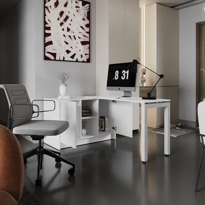 Bureau pivotant de 72 pouces de large pour le bureau à domicile, réglable dans les deux sens, avec compartiments de rangement, blanc, surface de travail au design moderne et panneau de particules