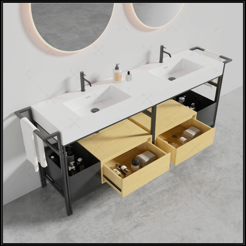 Meuble-lavabo modulaire de 36 po de style industriel avec structure en métal et lavabo en pierre artificielle facile à nettoyer, sans drainage ni robinet, KD