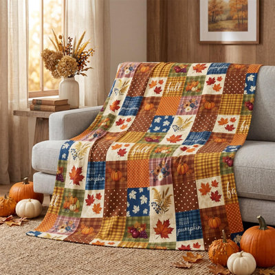 Fall Flannel Blanket Throw, Thanksgiving Blue Brown Beige Leaves Soft Fuzzy Plush Cozy Fleece Blankets for Couch Sofa Bed Decor, Ideal Gifts for Adults 50x40