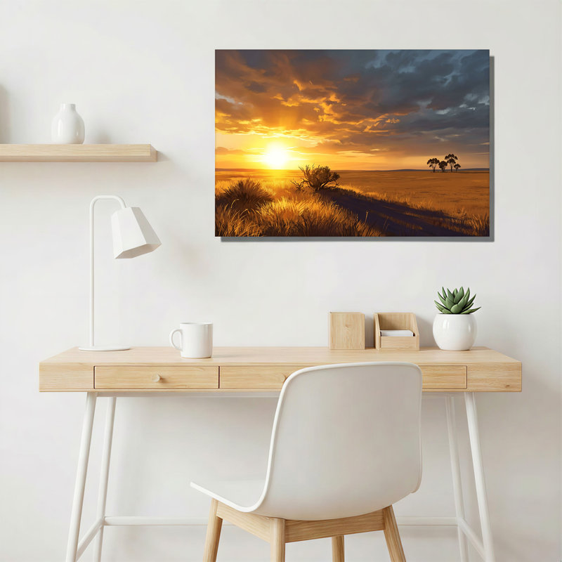 «Golden Sunset Over Grassy Plains With Silhouetted Trees», art mural sur toile, 20"H x 30"W
