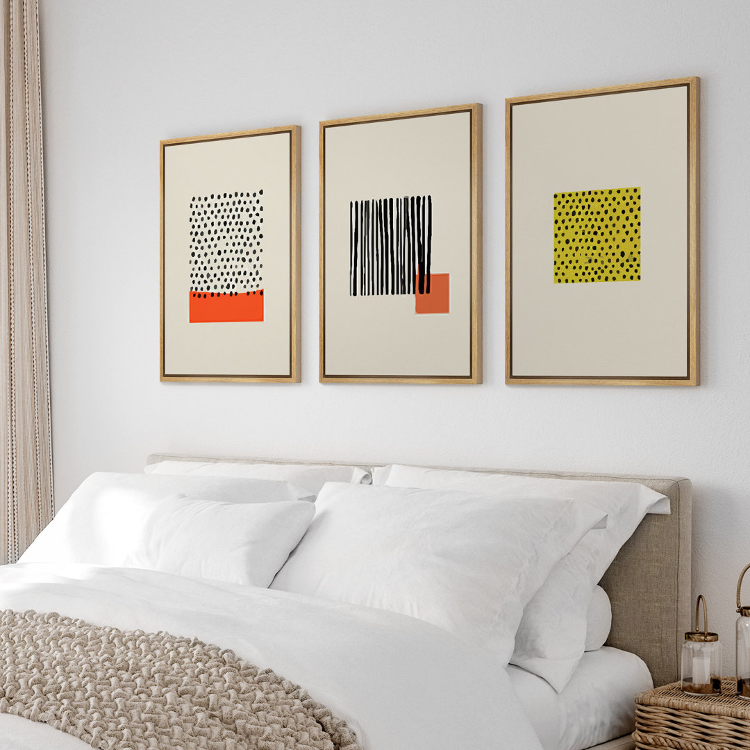 Geometric Line Minimalist Abstract Lines Yellow Organic Modern Boho Framed Canvas 3 Pieces Pictures Print Wall Art IDEA4WALL Frame 