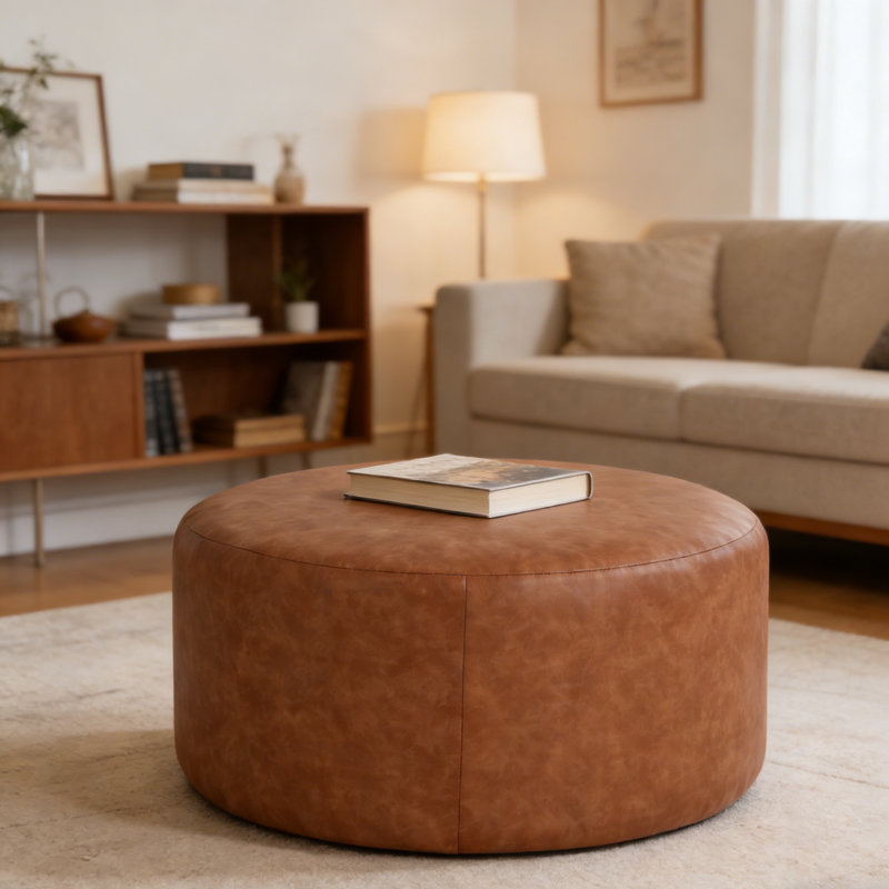 Repose-pieds rembourré rond, cuir synthétique, brun cognac, Marron clair