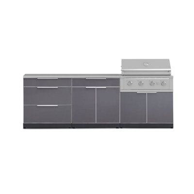 Ensemble de cuisine extérieure en aluminium gris ardoise, 5 pièces, comprenant un meuble à 3 tiroirs, un bar, un meuble pour barbecue, un barbecue haute performance au propane de 91 cm et des comptoirs en acier inoxydable de 163 cm.