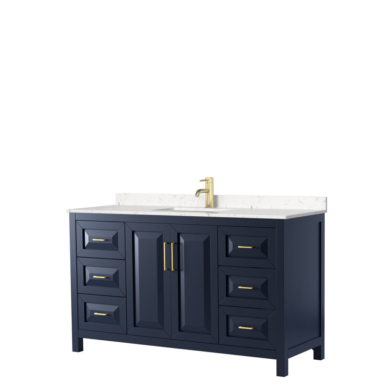 Daria 60'' Single Bathroom Vanity with Carrara Marble Top, Carrara Cultured Marble, Dark Blue, Brushed Gold