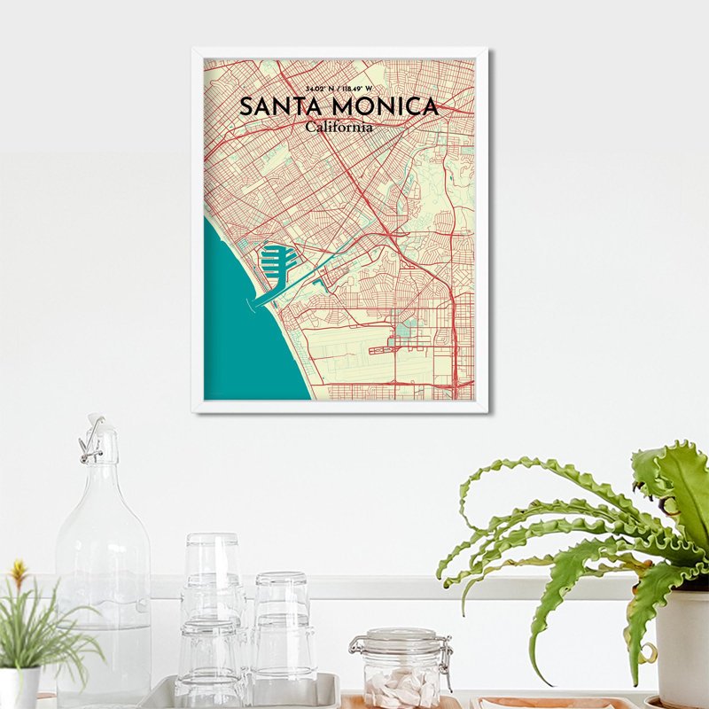 Santa Monica, carte de la ville, impression, H 20 po x l 16 po, Vert / beige
