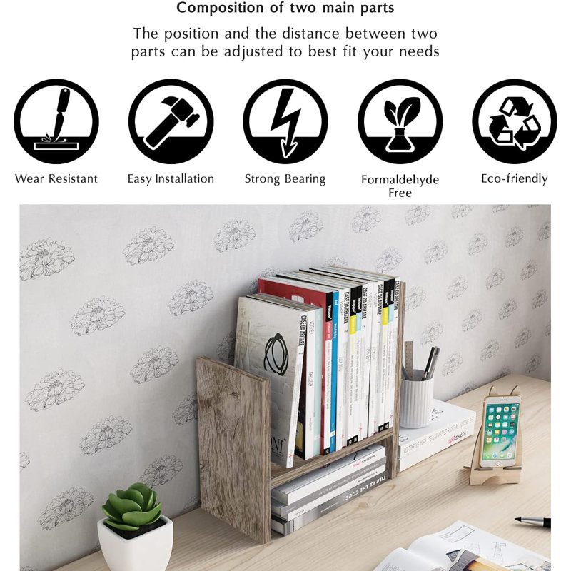Desktop Organizer Office Storage Rack Adjustable Wood Display Shelf - Free Style Double H Display - Grey Oak