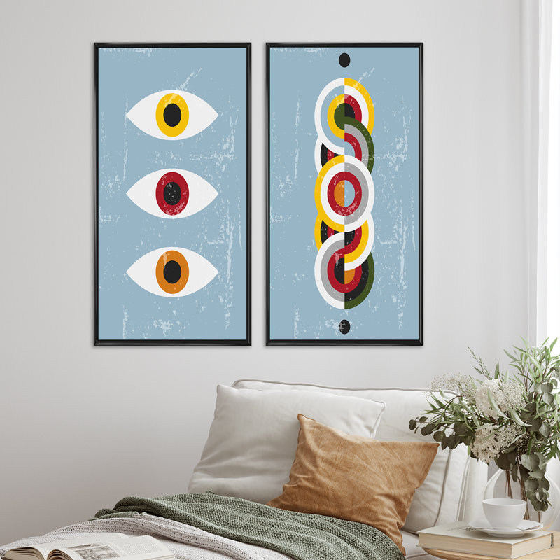 «Vintage Abstract Organic Geometrics in Retro I», ensemble de 2 impressions, H 40 po x l 40 po x P 1,5 po, Cadre noir
