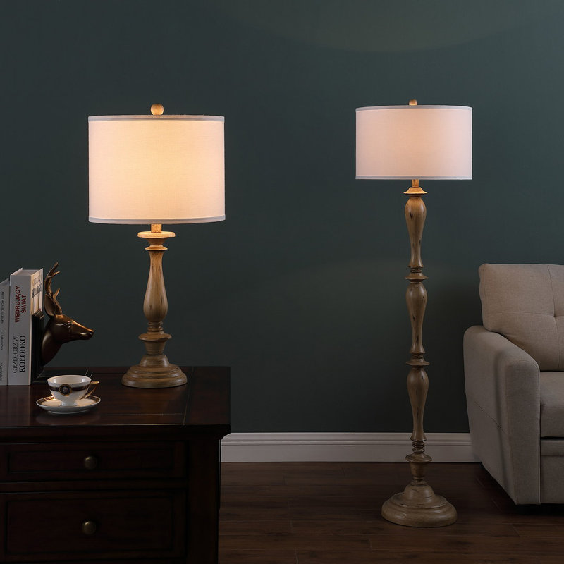 Lampe de table traditionnelle avec interrupteur à 3 voies et abat-jour tambour en coton / lin Zeymar