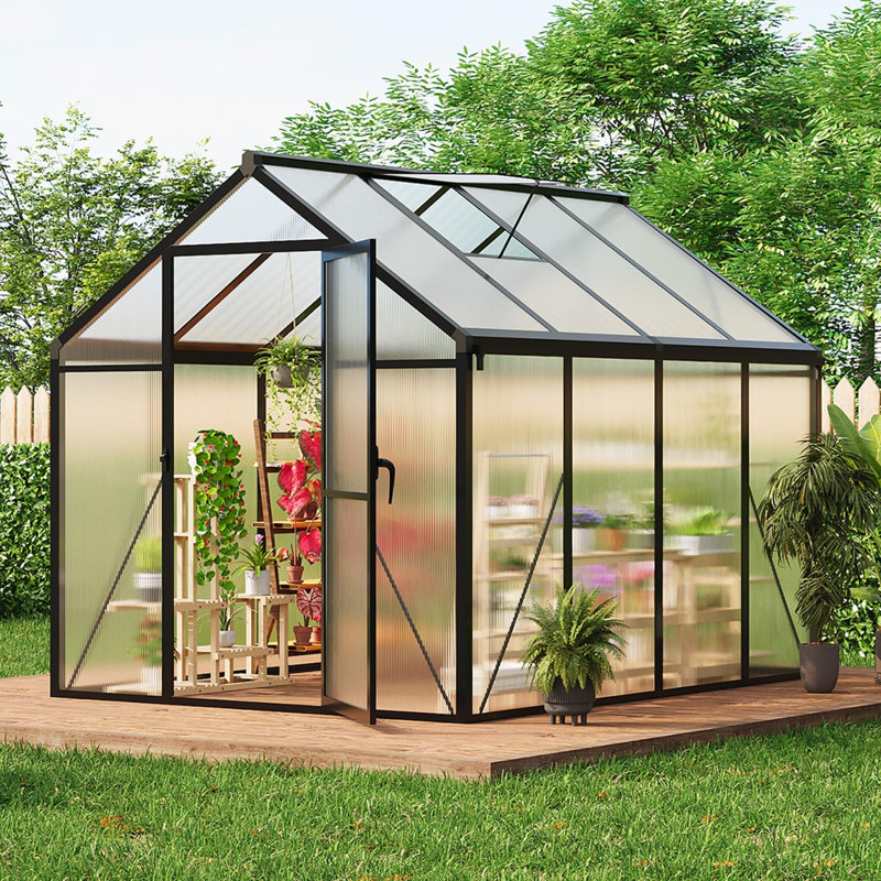 Walk-In Outdoor Aluminum Frame Polycarbonate Greenhouse with Roof Vent & Lockable Push Door for Garden or Backyard, 6x8 FT