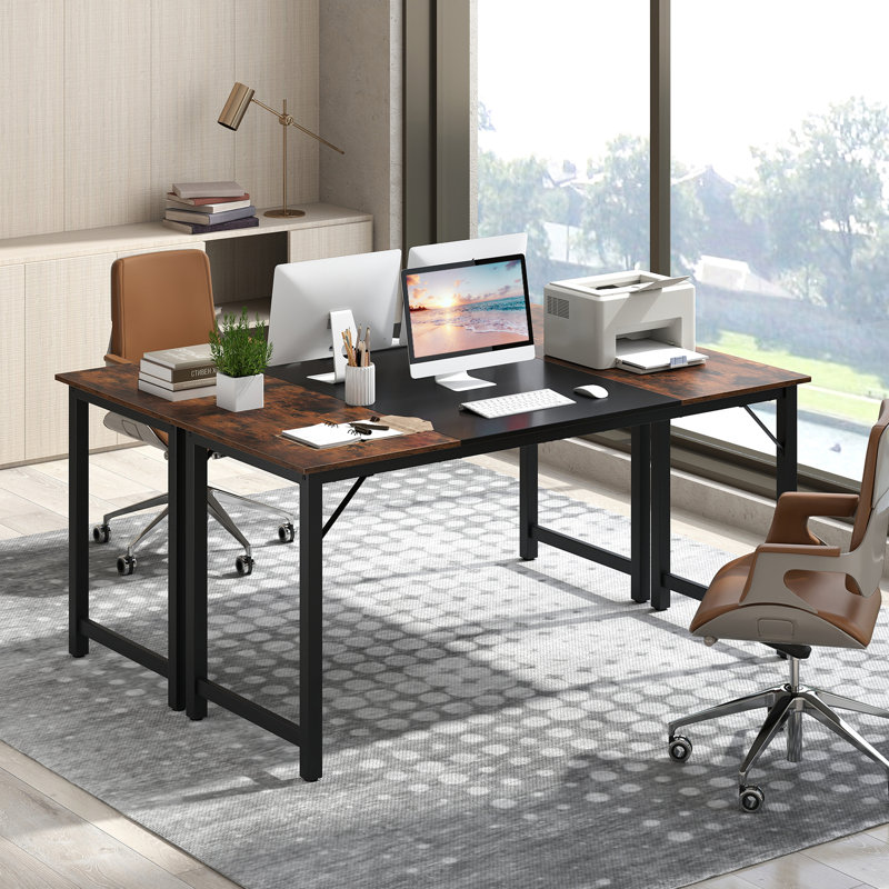 2 PCS 63'' Computer Desk Modern Industrial Office Desk w/ Metal Frame & Large Executive Desk